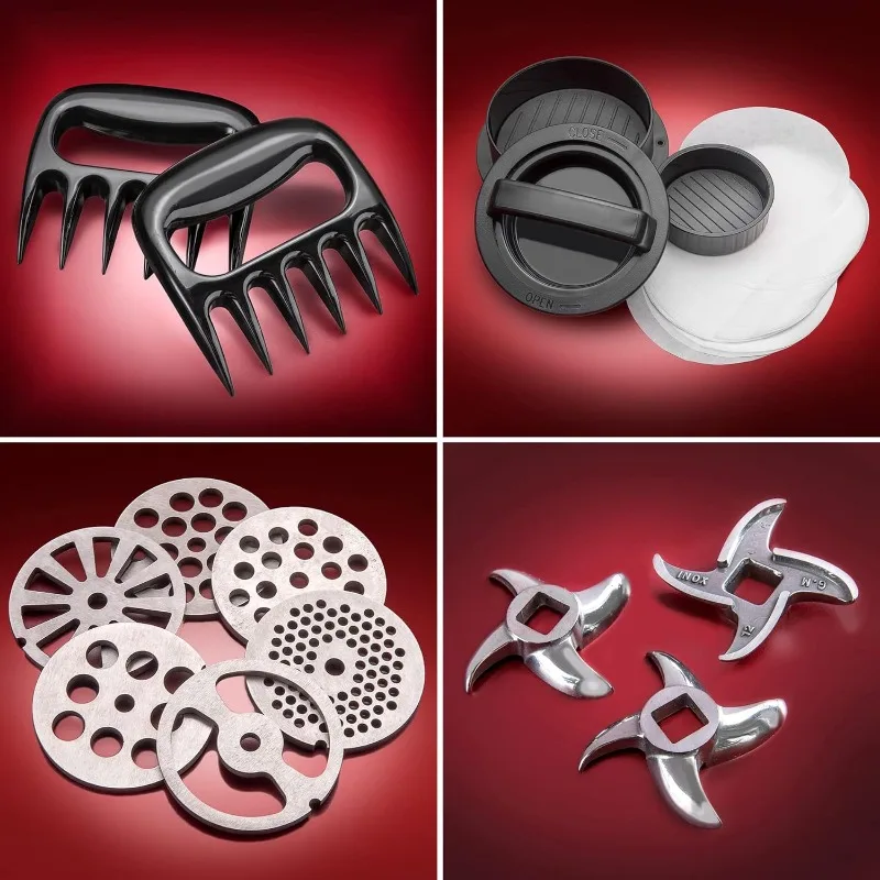 Heavy Duty Electric Meat Grinder & Sausage Stuffer: 6 Grinding Plates, 3 S/S Blades, 3 Sausage Tubes2 Meat Claws 5