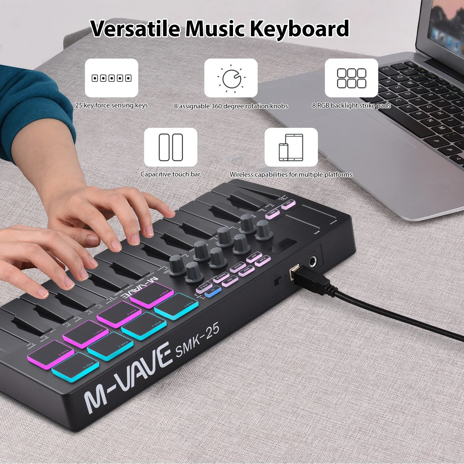 Rechargeable 25 Keys MIDI Keyboard Arranging Strike Pad RGB MIDI Assignable Knobs Keyboard Controller Beat Maker Machine electronic musical instrument,midi control keyboard