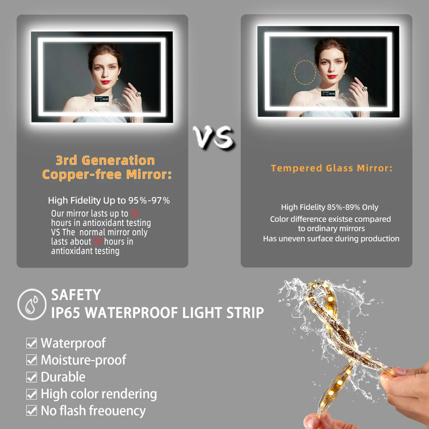 80/100/120/140cm LED Bathroom Mirror with Bluetooth Speaker Antifog Dimmable 3 Lights Time Setting Backlitligth Vanity Wall Mirr