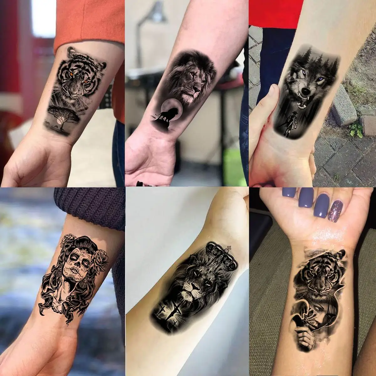 60 Sheets Ferocious Lion Tiger Temporary Tattoos For Men Women Arm Neck Devil Skull Tattoo Black Wolf Dragon Tatoo Small Desgin 3