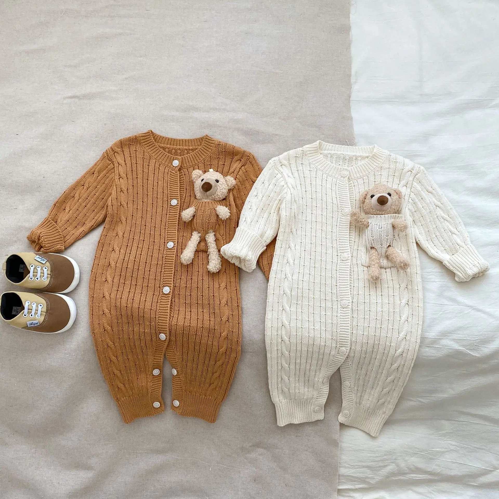 

0-2Y Baby Clothes Infant Boys Girls Solid Color Knitted Romper Cotton Long Sleeve Jumpsuit Newborn Toddler Casual Onesies