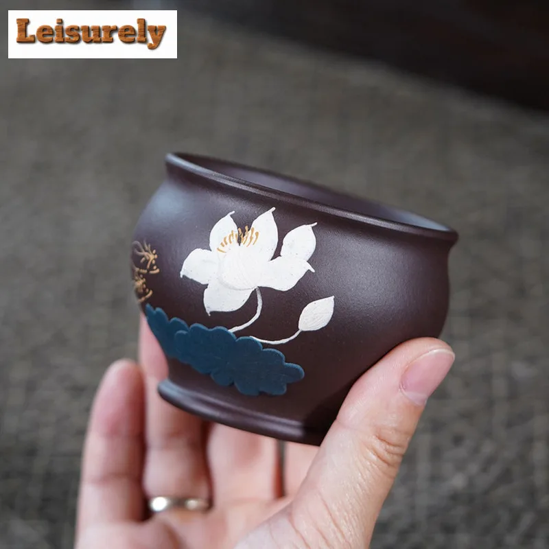180ml Yixing Zisha Hand-painted Lotus Teacup Retro Tea Bowl Cup For Tea Tea-tasting Smelling Cup Chazhan Master Cups Tea Items