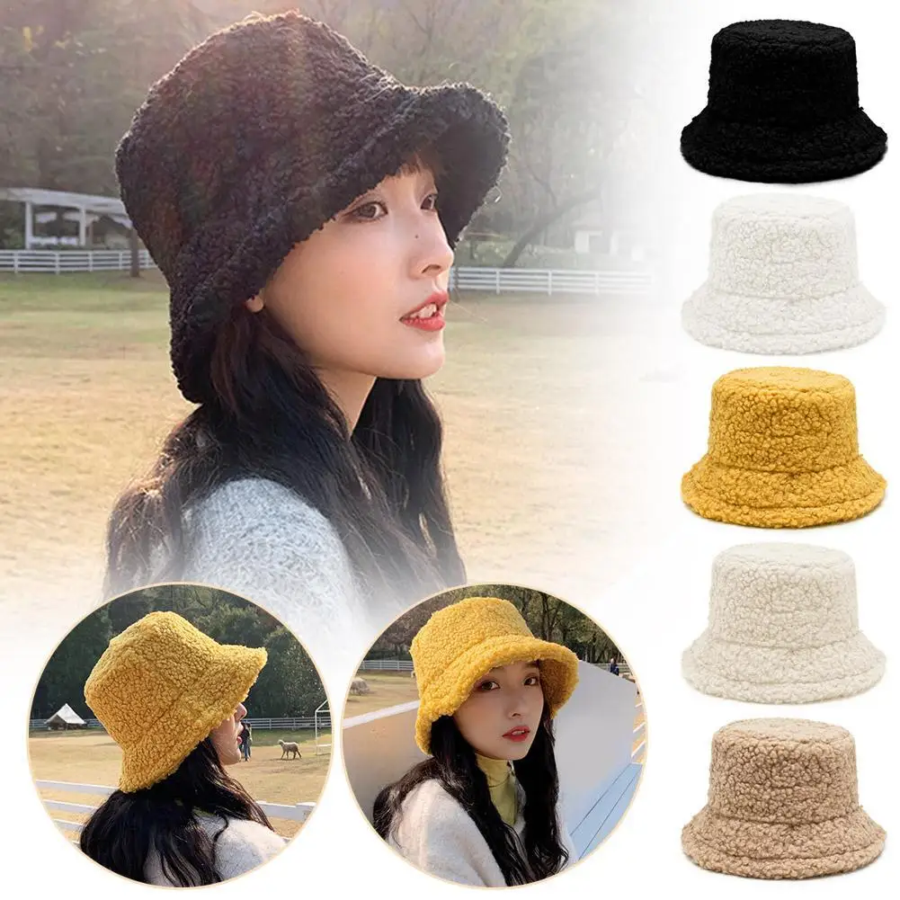 Lamb Faux Fur Bucket Hat Winter Women Outdoor Panama Fisherman Hat