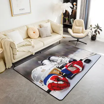 Ice Hockey Carpet Hockey Player Area Rug for Boy Teen Soft Winter Sport Indoor Floor Mat for Bedroom Bedside Living Room Doormat