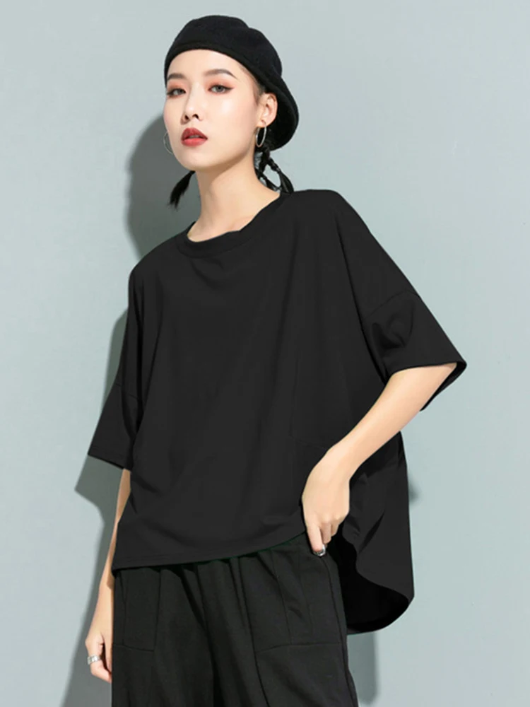 [EAM] Women Green Red Back Ruffles Split Big Size T-shirt New Round Neck Half Sleeve Fashion Tide Spring Summer 2024 1U507