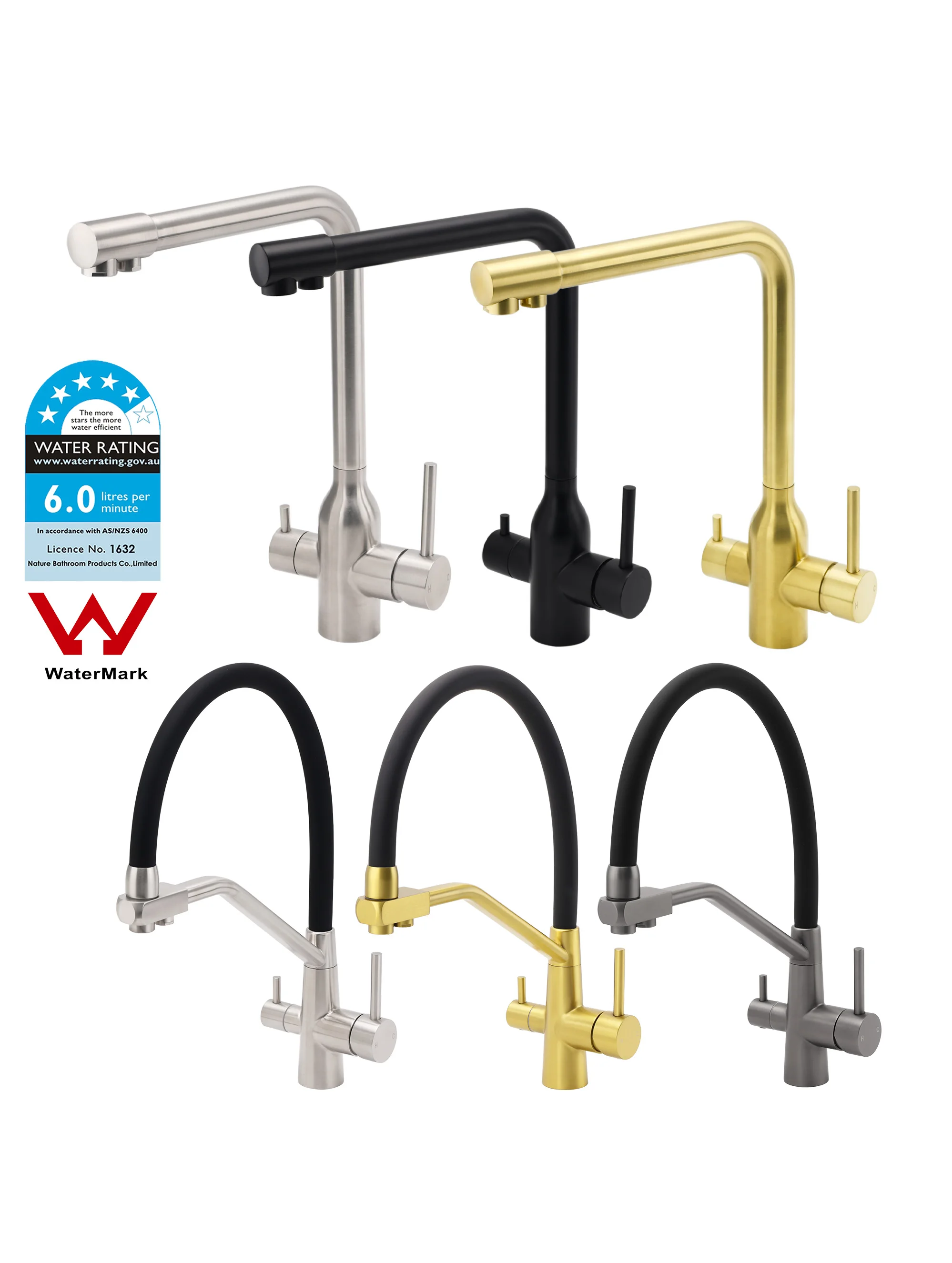**Sydney Stock** KYLINS Round 3 Way Kitchen Mixer Tap Pure Water Sink Faucet Swivel Spout brushed nickel WELS WaterMark