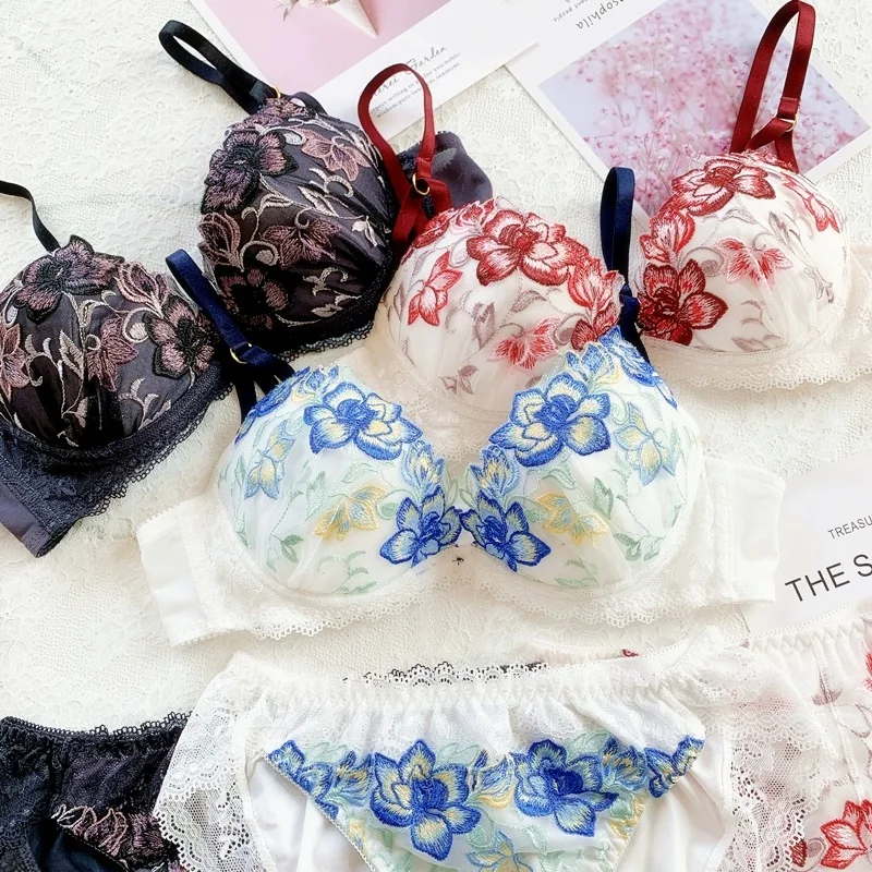 High-end luxury embroidery lingerie large flowers exquisite elegant ladies  underwear large cups gathered bra set - AliExpress