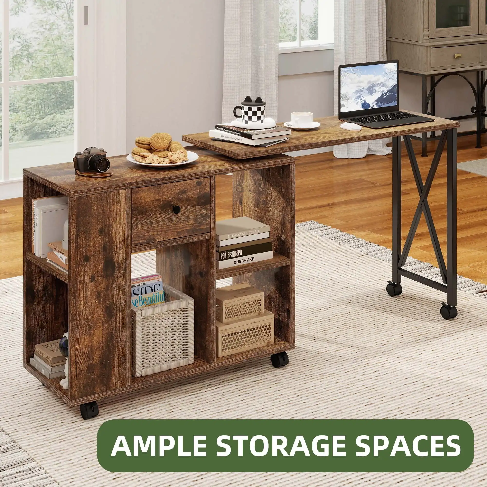 Rotating Writing Office Desk with Storage, Computer Desk with Wheels, Brown 3