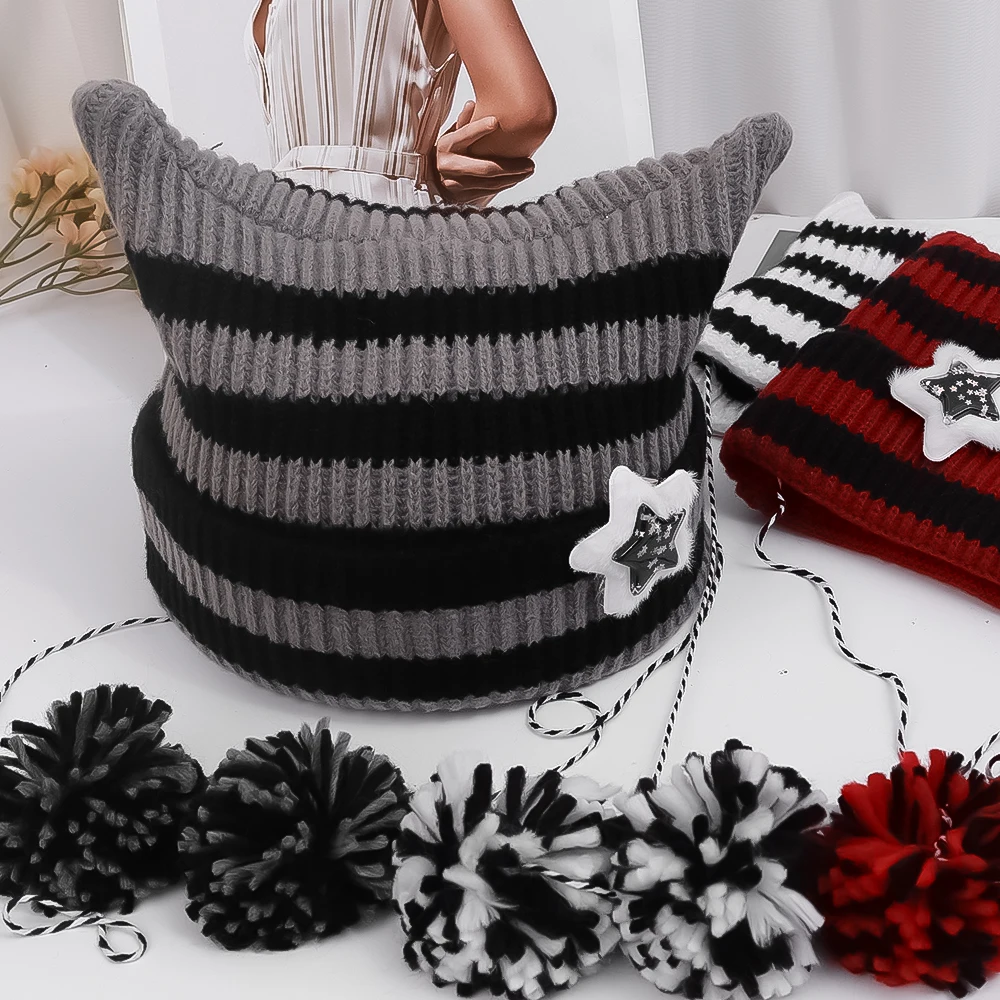 Devil Horns Cow Ears Beanie - Y2K Edgy Knit Crochet Skull Hat, Thick Warm Unisex Winter Hat, One Size Fits Most