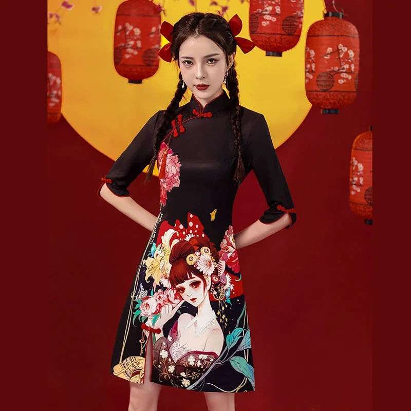 

Chinese Style Cheongsam Dress Women Fashion Black Modern Modified Qipao National Traditional Robe Orientale Girl Vestido Chino