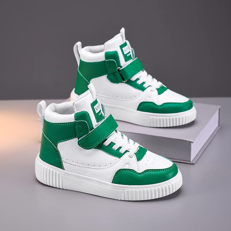 Boys High Top Sneakers - Autumn Leather Sports Shoes with Hook & Loop Closure