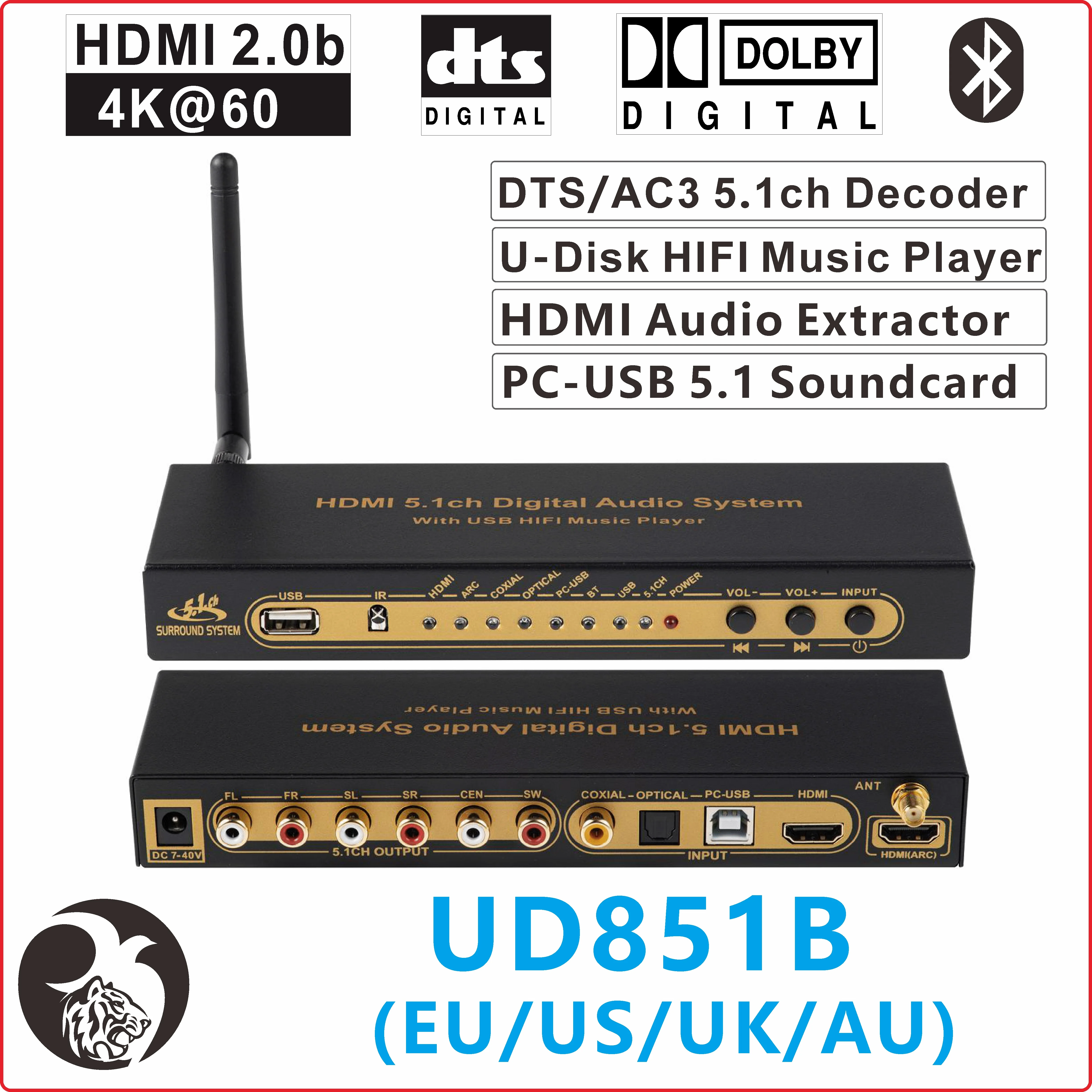 

dts ac3 5.1 Audio Decoder converter HDMI-compatible Extractor 4K ARC SPDIF Coaxial Optical PC-USB Soundcard USB player Bluetooth