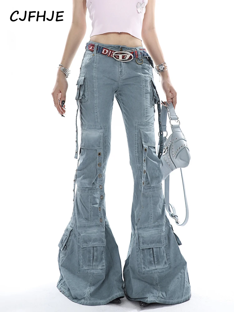 

CJFHJE Fashion High Street Women Jeans Natural Waist Pockets Chicly Mopping Jeans Female Harajuku Blue Casual Denim Flare Pants