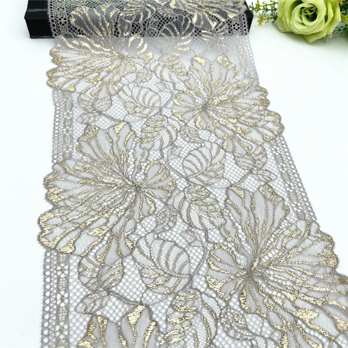 3y/lot Width 22.50cm Light Grey Golden Elastic Stretch Lace Trim 1