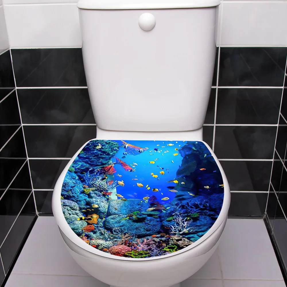 Art Sea World Toilet Seat Sticker Sea Fish Waterproof Bathroom Decor Sticker Removable Self Adhesive Home Decor 1PC