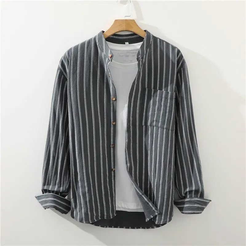 Spring Autumn New Stand Collar Vintage Striped Printing Cotton Shirt Men Loose Casual Cardigan Top Male All-match Fashion Blouse