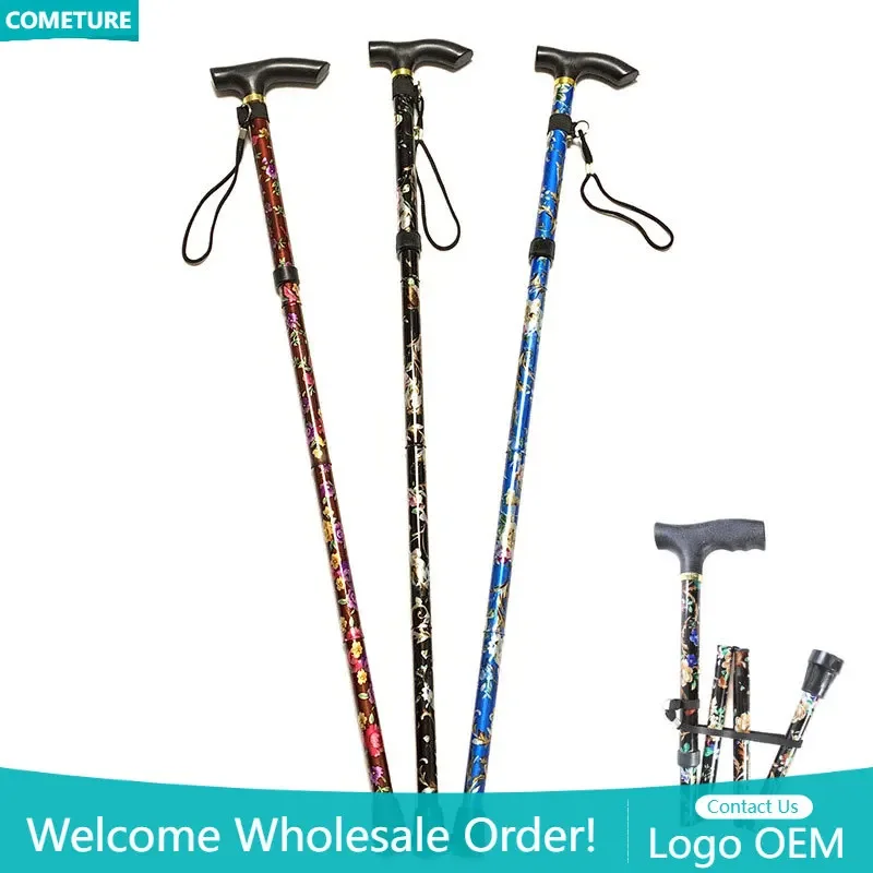 Lightweight Foldable Walking Sticks For Elderly Old Man Telescopic 92Cm Adjustable Folding Floral Metal Cane Trekking Hiking
