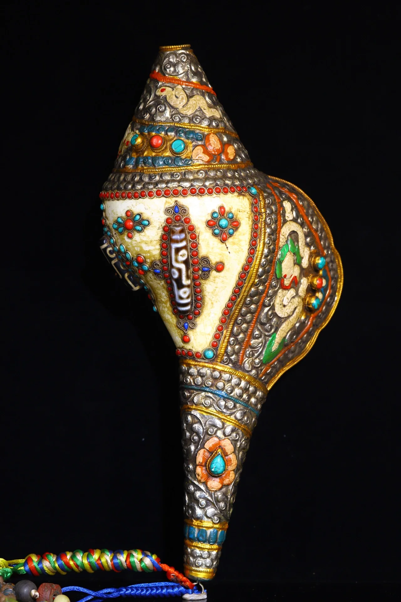 

14"Tibetan Temple Collection Natural Conch Cinnabar Mosaic Gem gZi Beads Snake texture Buddha Snails Amulet Dharma Town House