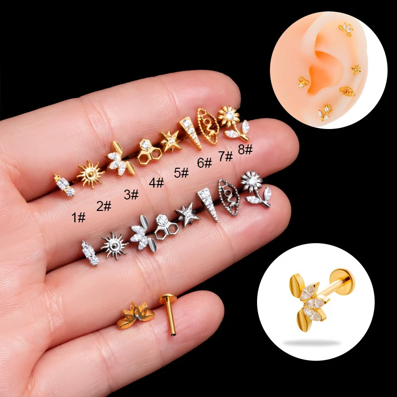 

1PC G23 Titanium Piercing Labret Studs Internal Thread Lip Studs Flower Horse's Eye CZ Helix Cartilage Tragus Piercing Jewelry
