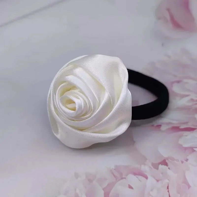 French Style Retro Rose Satin Hair Scrunchie - Artistic Glossy Floral Hair Accessory