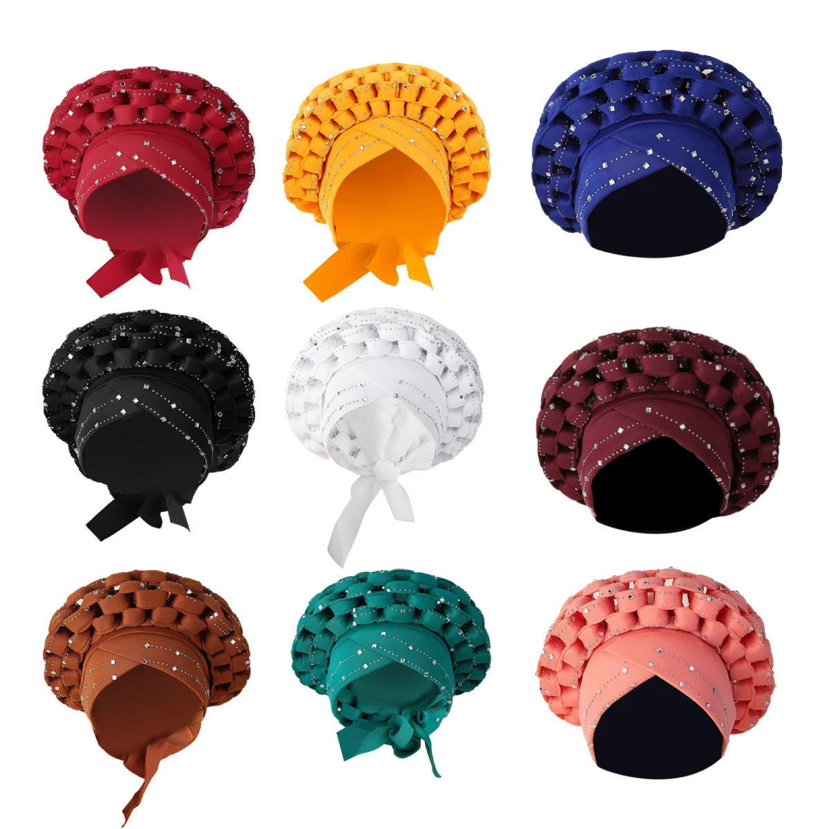 Exaggerated Braids Turban Cap African Sequin Head Wrap Diamonds Nigeria Auto Gele Headtie Wedding Party Headwear Muslim Hijab 2