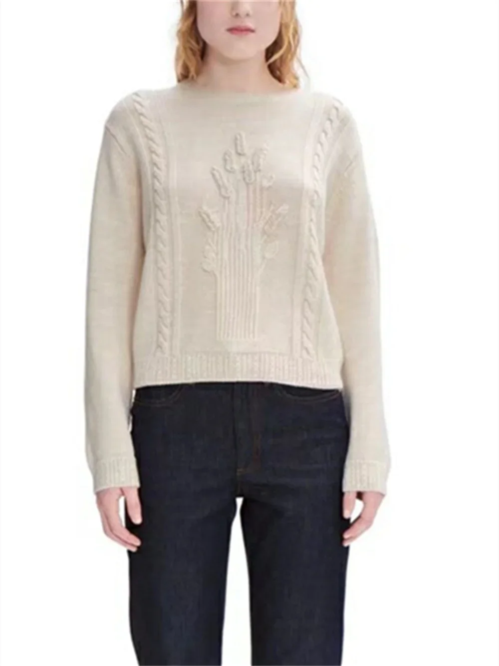 

Женский свитер, Новинка осени 2023, Свободный Повседневный пуловер с трехмерной вышивкой из витой пшеницы, круглым вырезом и длинными рукавами