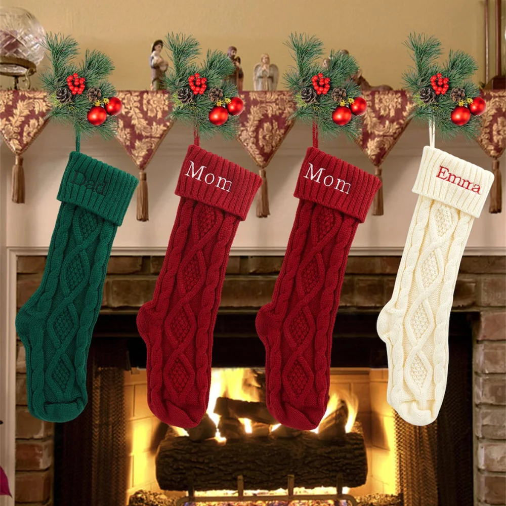 

Custom Knitted Wool Household Wall Decoration Socks Kids Candy Bags Personalized Embroidered Name Christmas Stocking Gift Socks