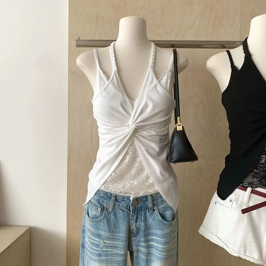 Nuova Canotta Estiva da Ragazza, Top Bianco in Pizzo Senza Maniche con Scollo all'Americana