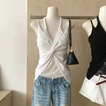 Nuova Canotta Estiva da Ragazza, Top Bianco in Pizzo Senza Maniche con Scollo all'Americana
