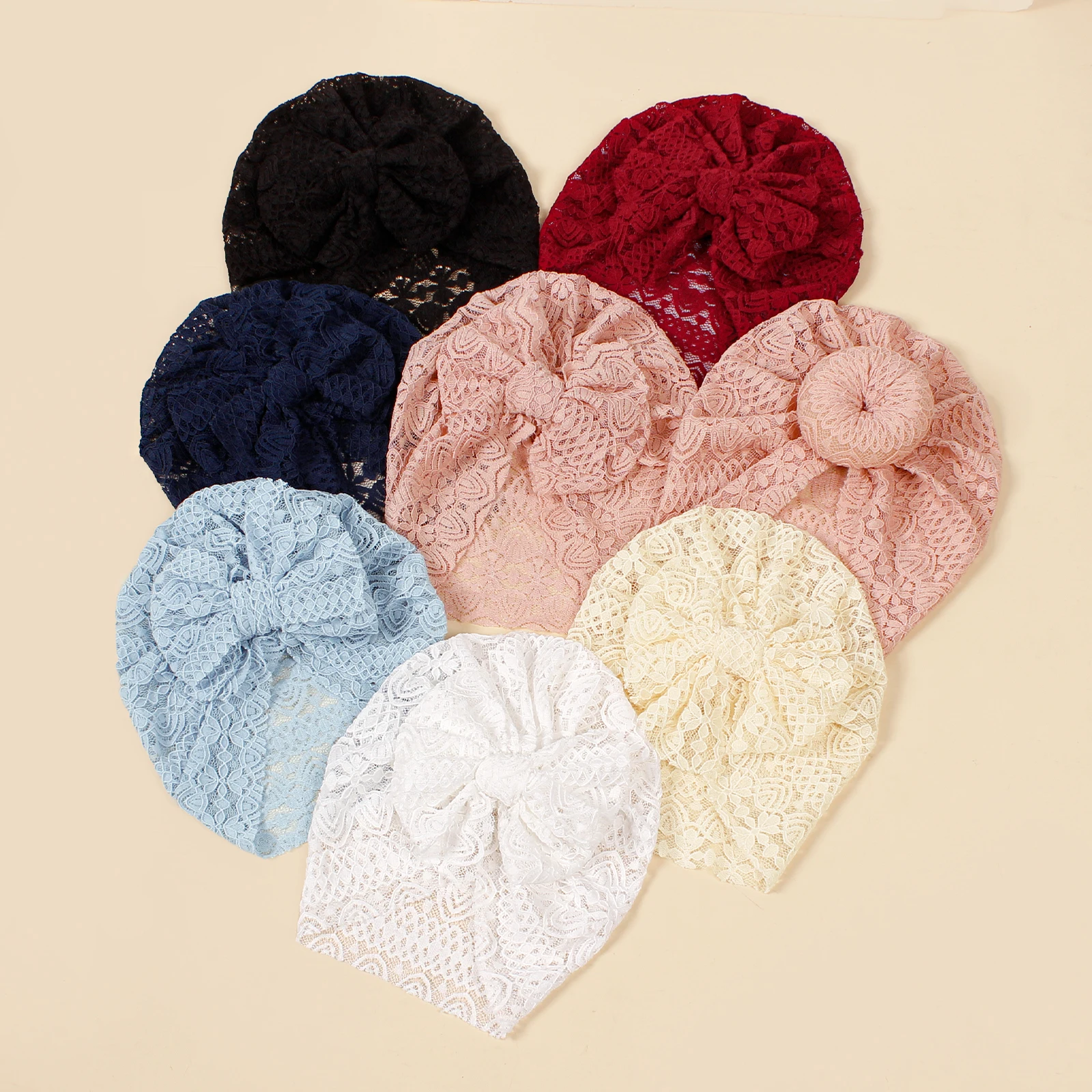 Lace Embroidered Turban Hats for Baby Girls Beanie Caps Embroidered Bowknot Infant Indian Cap Newborn Headwear Donuts Bonnet Cap sophisticated courtly headpiece for babies lace adorned toddler bonnet fashionable headwear for a touch of elegance