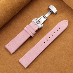 Genuine Calfskin Suede Watch Band with Butterfly Buckle - 22mm (Pink)