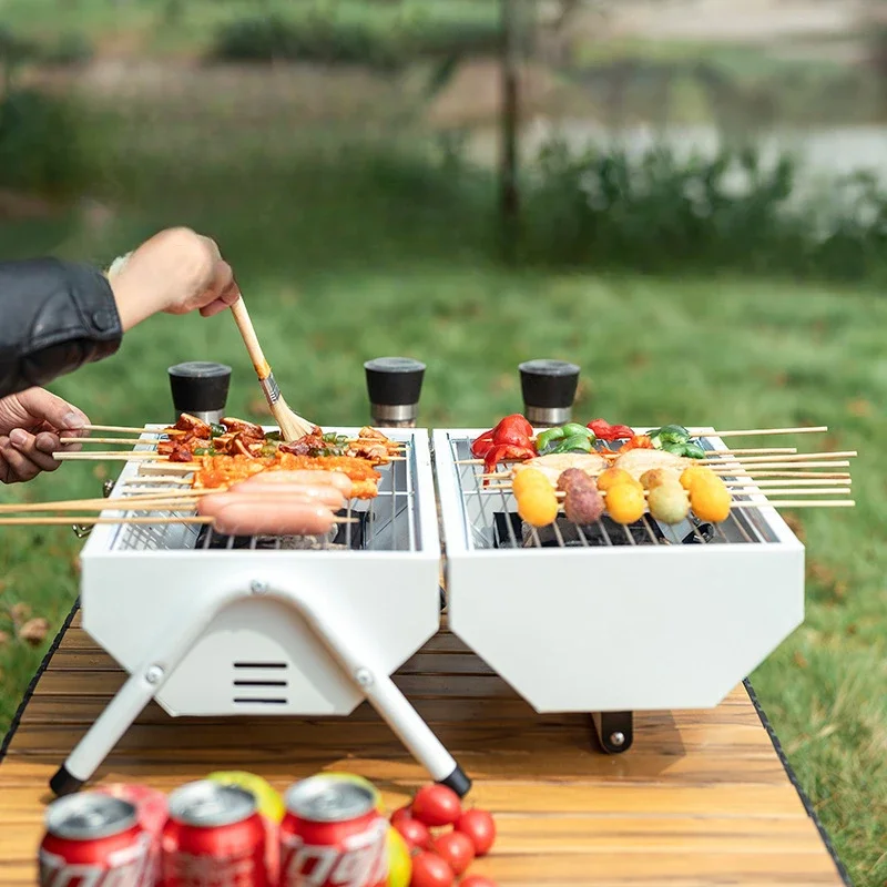 Portable Outdoor Electric Grills Barbecue Stove Double-sided Use Full Set Charcoal BBQ Camping Stainless Steel Grill Oven Tool 2