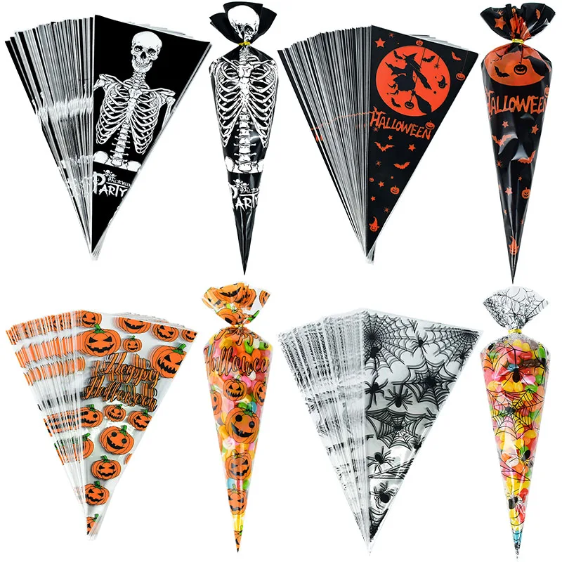 

150Pcs 6.7''x17'' Halloween Pumpkin Skull Spiderweb Gift Bag Cone Candy Plastic Packing Bags Halloween Decoration Party Supplies