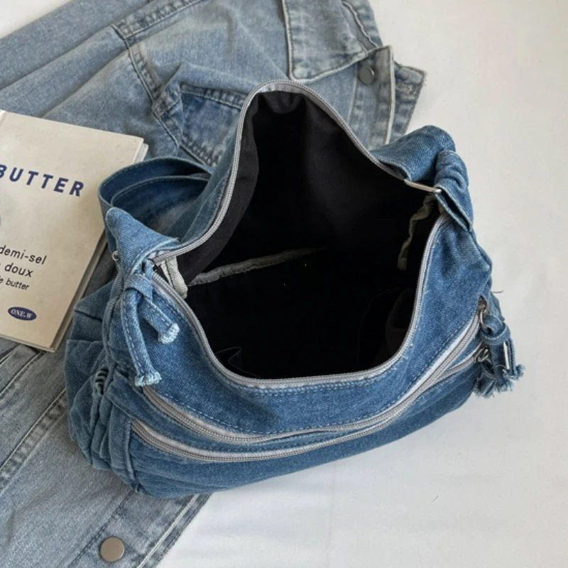 Vintage Denim Women's Shoulder Bag Large Capacity Messenger Bag Multi-pockets Satchel Bags Adjustable Strap Ladies Crossbody Bag