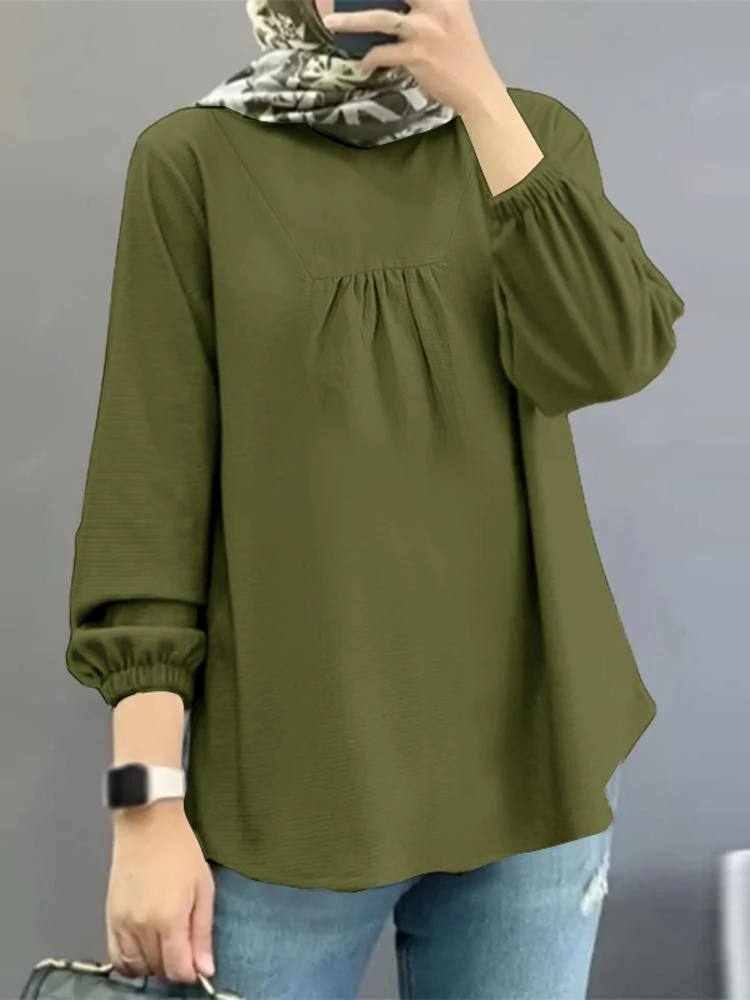 

ZANZEA Woman Fashion Pleated Muslim Blouse Elegant Blusas 2024 O Neck Lantern Sleeve Tunic Tops Female Vintage Eid Mubarek Shirt