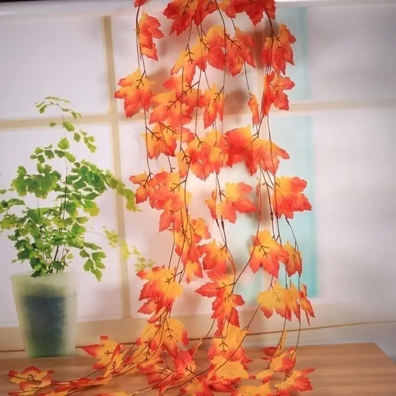 2.3M Simulated Red Maple Leaf Vine Halloween Decoration Autumn Maple Leaf Wreath Christmas And Thanksgiving Maple Leaf Ornament