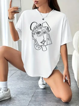 Simple Lines Human Face Abstract Art Print Short-sleeved T-shirt Casual and Versatile Style Suitable for Women's Daily Wear