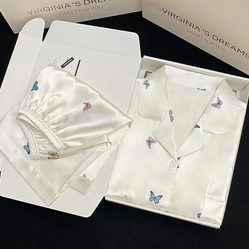 طقم بيجامة نسائية بأكمام قصيرة ، ملابس نوم من الحرير الصناعي الساتان ، بيجامة مطبوعة على شكل فراشة ، الربيع ، الصيف ، ملابس منزلية ، 2