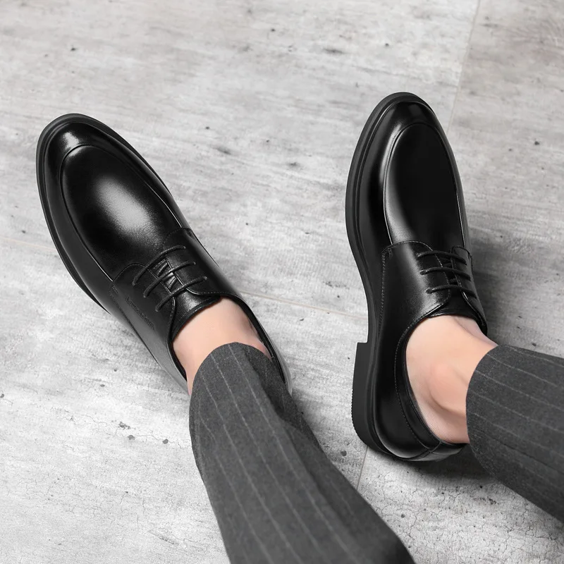 Men Black Height Shoes Heightening Shoes Leather Elevator Height Increase Increase Insole 6/8CM