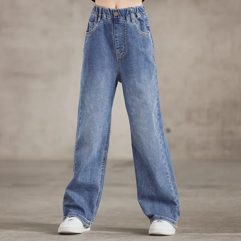 

New Girls Jeans Kids Wide Leg Pants Children Straight Loose Denim Trousers Fashion Teenager Girls Clothing 6 8 10 11 12 13 14 Y