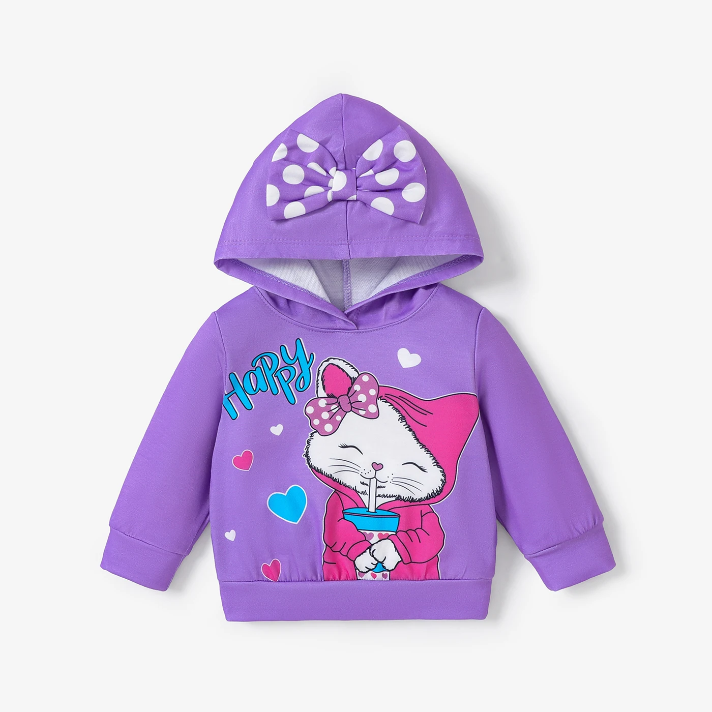 

PatPat Baby Girls Childlike Cat Animal print Bowknot design Hooded Pullover