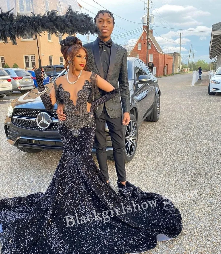 

Роскошное Черное длинное платье со стразами для выпускного вечера 2024 для черных девушек блестящие сексуальные платья с кисточками и блестками для торжественных случаев