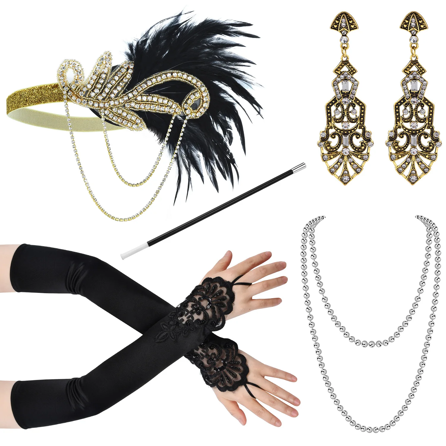 1920s flapper dress accessories Retro Party props GATSBY CHARLESTON headband pearl necklace white feather band for wedding necklace pendant anime necklace game necklace anime hair accessories butterfly bead jewelry costume headband angel feather wings
