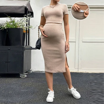 New Maternity 2 Piece Outfits Mid‑length Slim T‑shirt Adjustable Waist Split Midi Skirt Comfortable Pregnancy Sets Clothes