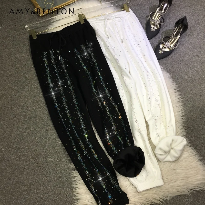 Rhinestone Sweatpants Women's Fleece-Lined Thick High Waist Slimming Tappered Sports Pants Autumn And Winter Long Warm Trousers