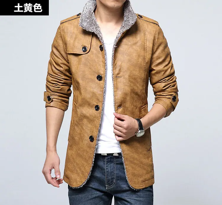thumbnail image 1 of Chaqueta de cuero PU con cuello de piel gruesa de terciopelo sólido para hombre de otoño e invierno, chaqueta de cuero de talla grande, abrigo de motocicleta, ropa de motorista para hombre, 1 of 5