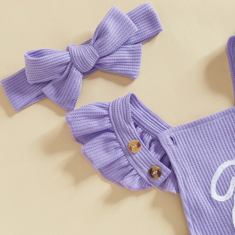 Toddler Girls Floral Print Ruffle Sleeve Rompers Summer Clothes with Matching Headband Set for Infants and Babies 3