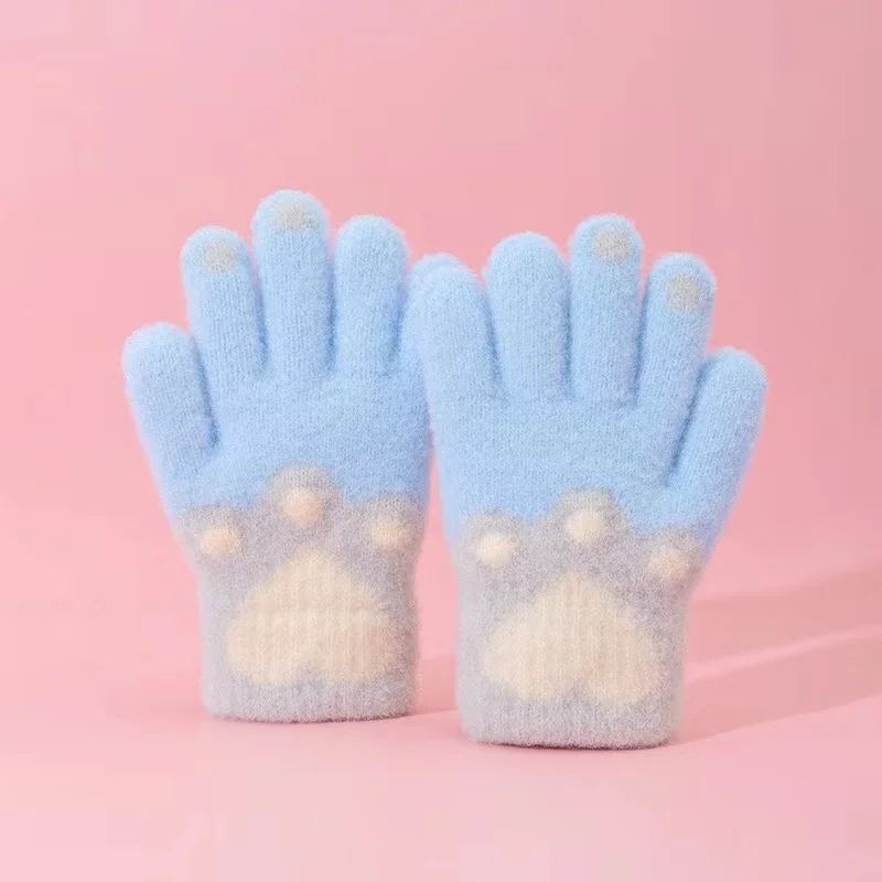 Cute Furry Kitten Glove for Kids Boy Girl Fashion Cartoon Cat Paw Children Glove Autumn Winter Thicken Plush 1 Pair