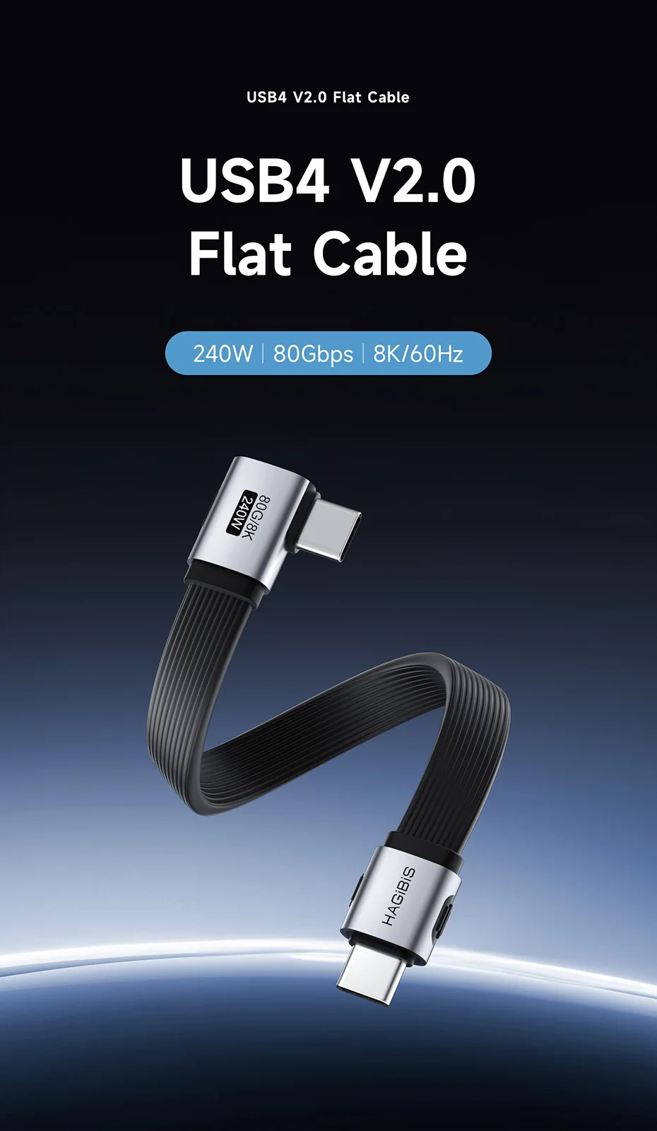 USB4 Flat Hagibis Cable 90° – 240W | 80Gbps | 8K@60Hz (Reinforced)