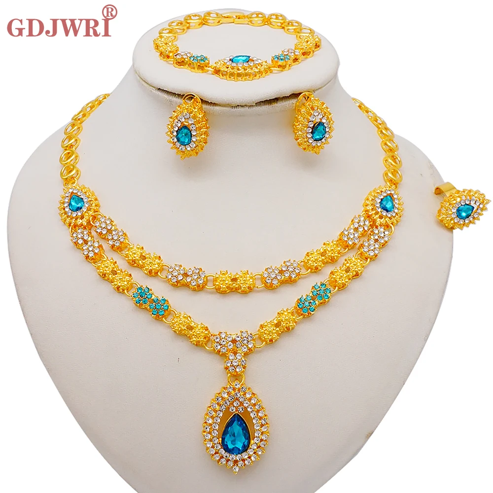 2419181-289a82.jpg S72e47b4eb58b4ef7a5c0d818d5bc1948c Luxury Gold Color Double Layered Necklace Jewelry Sets For Women African Water Drop Crystal Jewellery Indian Set Gifts Mallzona